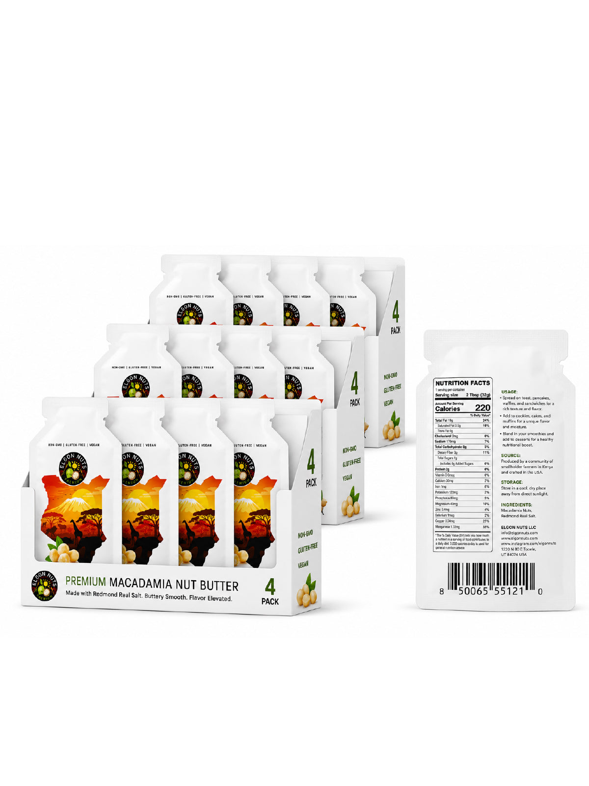 Elgon Nuts premium macadamia nut butter 12-pack stacked beside a single packet showing nutrition facts.