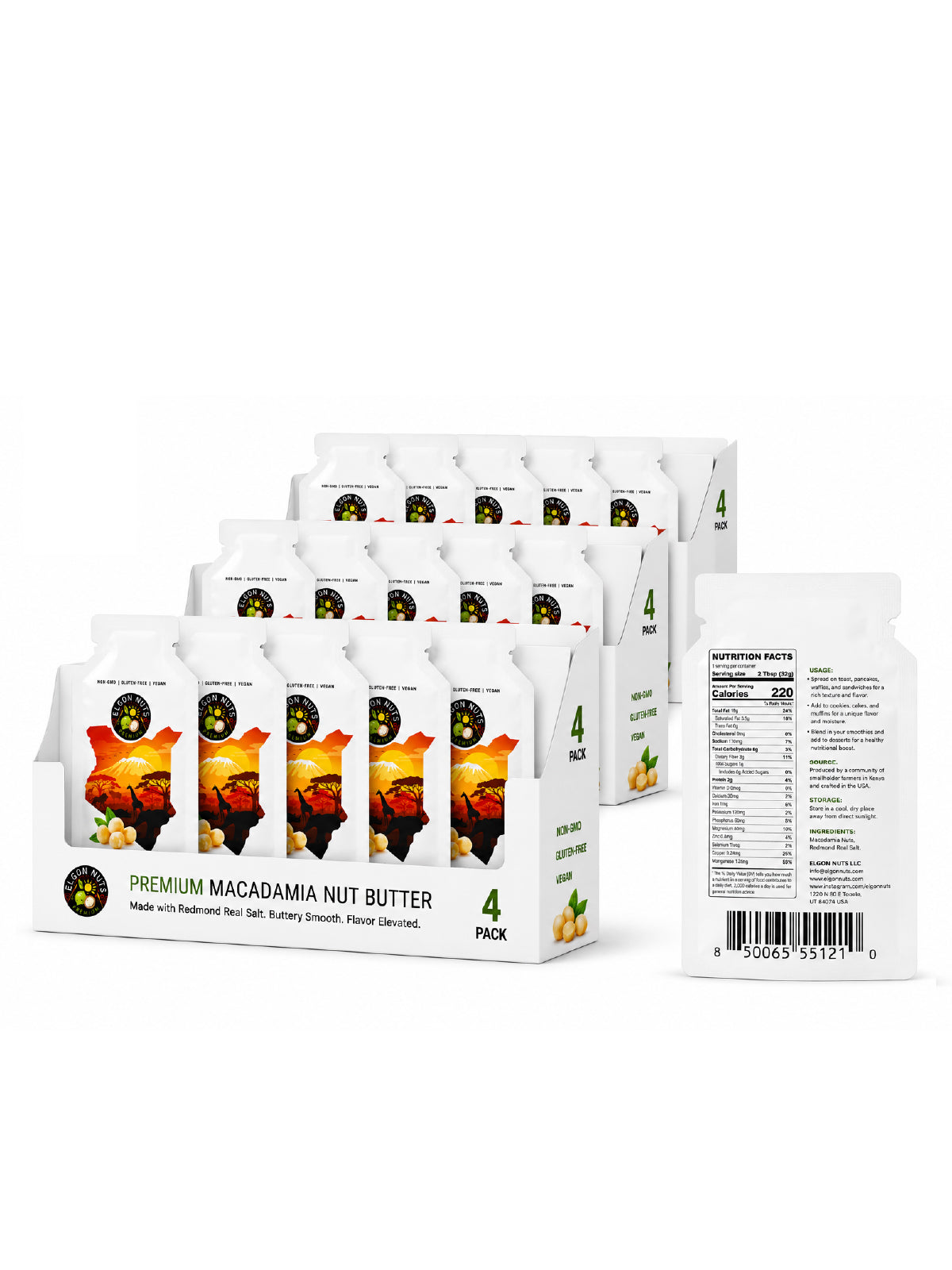 Elgon Nuts premium macadamia nut butter 24-pack stacked beside a single packet showing nutrition facts.