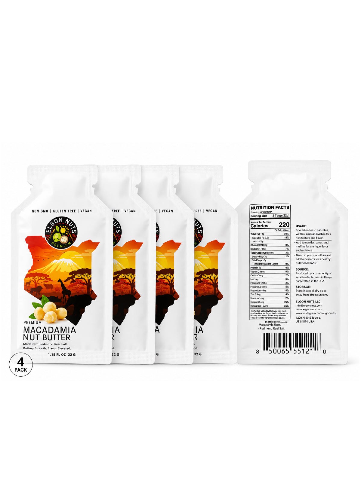 Elgon Nuts macadamia nut butter single-serve packets displayed in 4-pack cartons with ingredients and nutrition information.