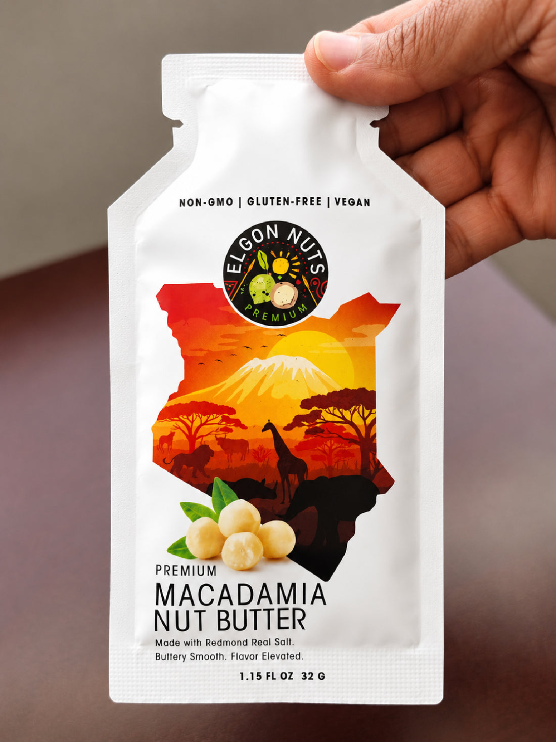Elgon Nuts premium macadamia nut butter 1.15 oz single-serve packet with Kenyan-inspired packaging.
