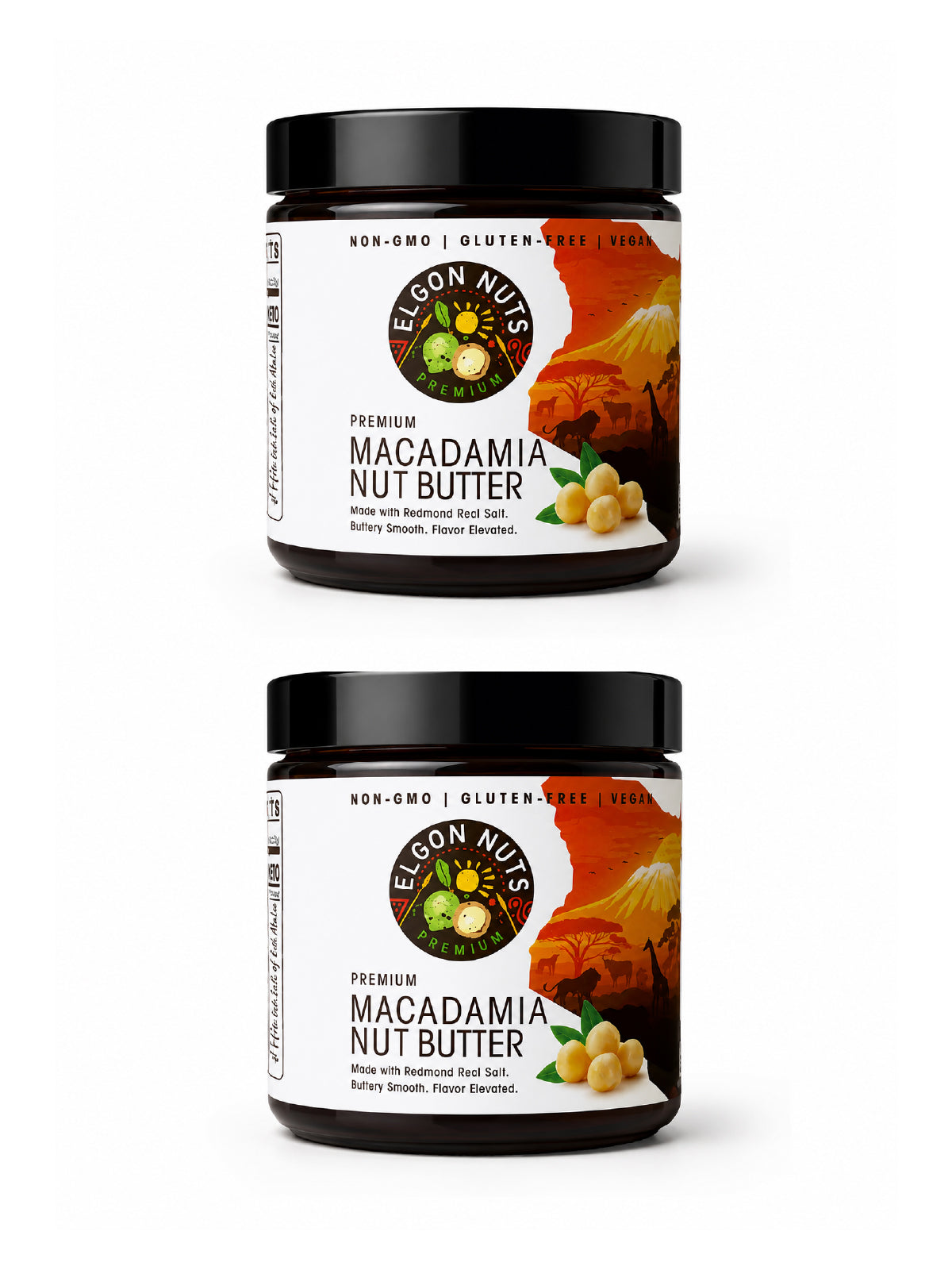 Two jars of Elgon Nuts premium macadamia nut butter displayed against a white background