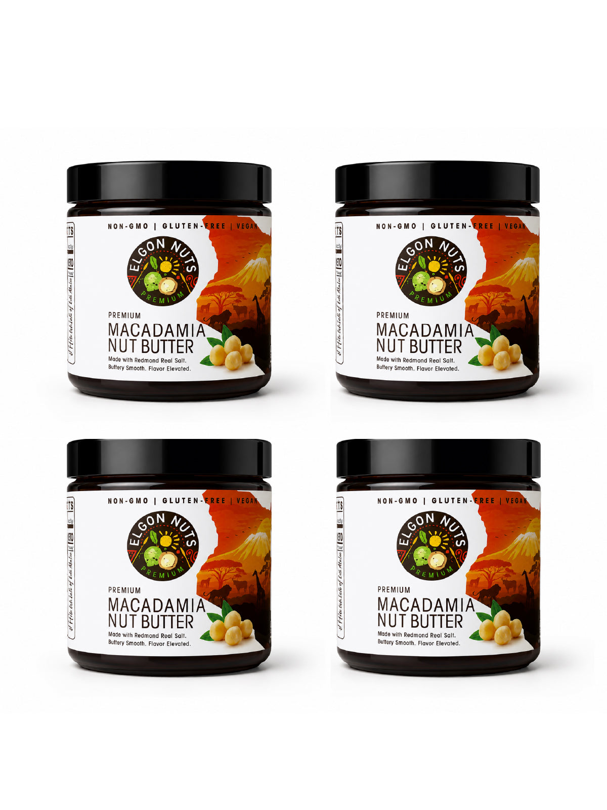 Four jars of Elgon Nuts premium macadamia nut butter arranged in a product bundle