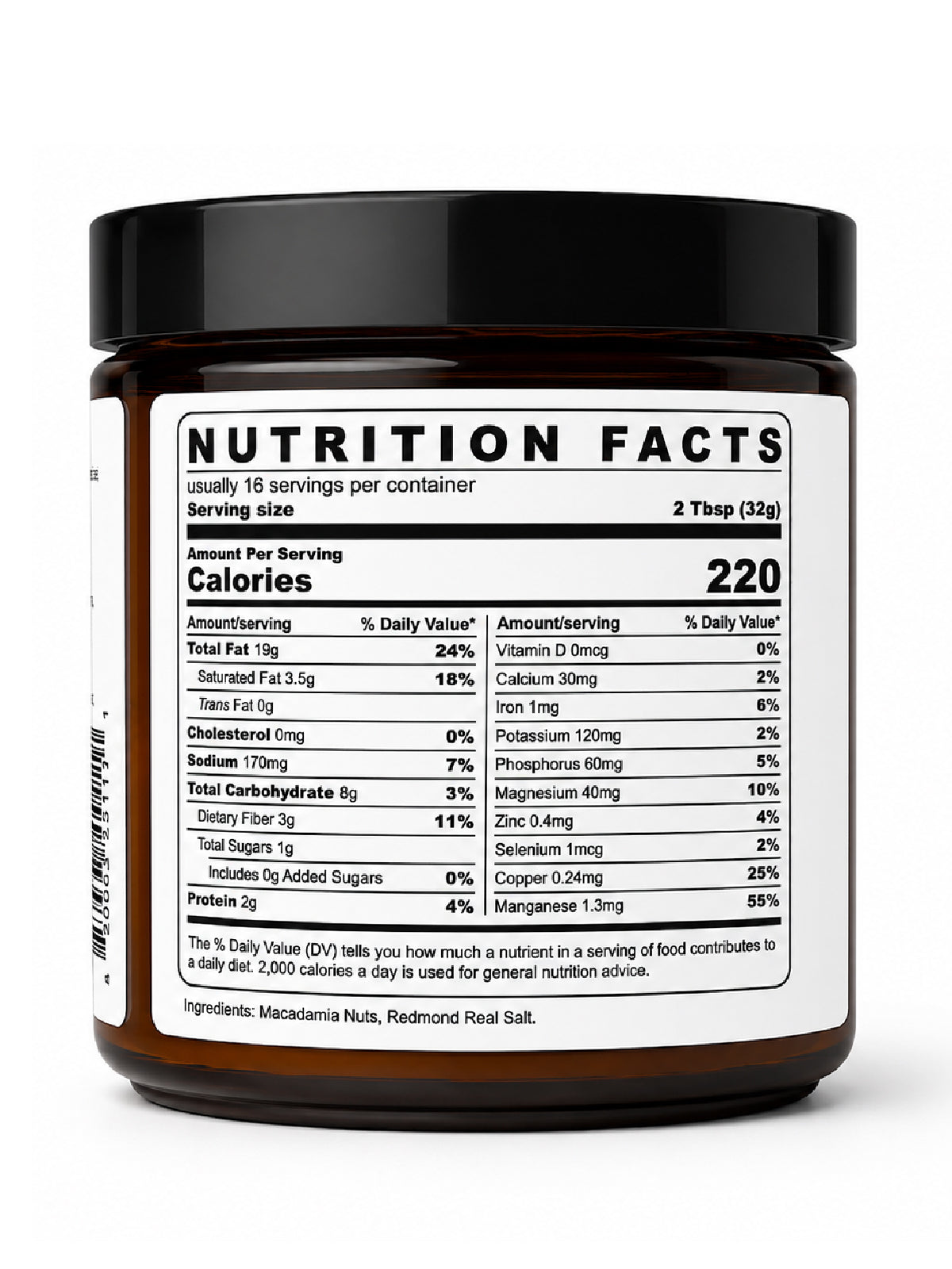 Back of Elgon Nuts macadamia nut butter jar showing nutrition facts and ingredients