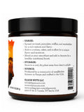Side view of Elgon Nuts macadamia nut butter jar showing usage suggestions, storage instructions, and sourcing information