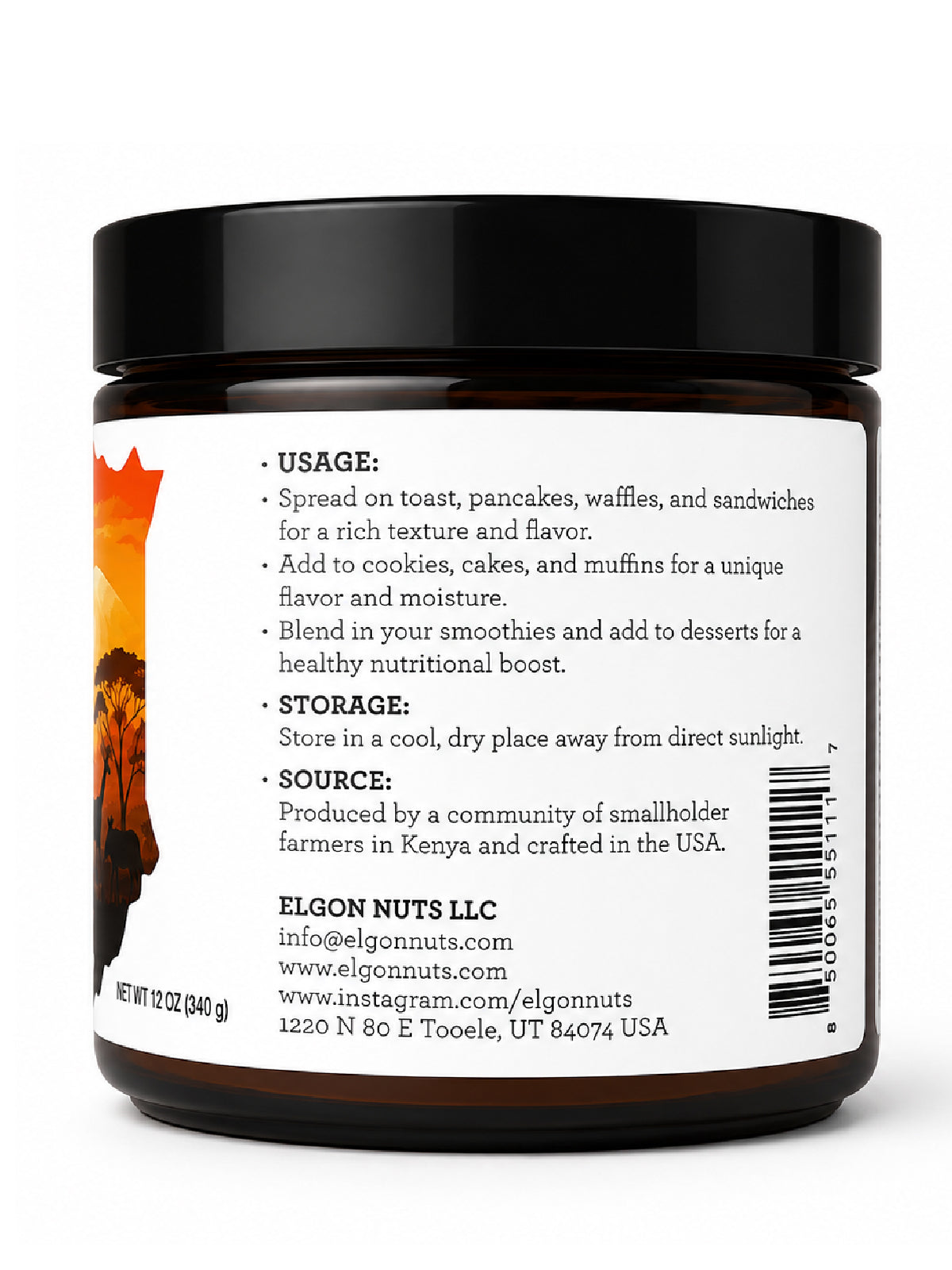 Side view of Elgon Nuts macadamia nut butter jar showing usage suggestions, storage instructions, and sourcing information