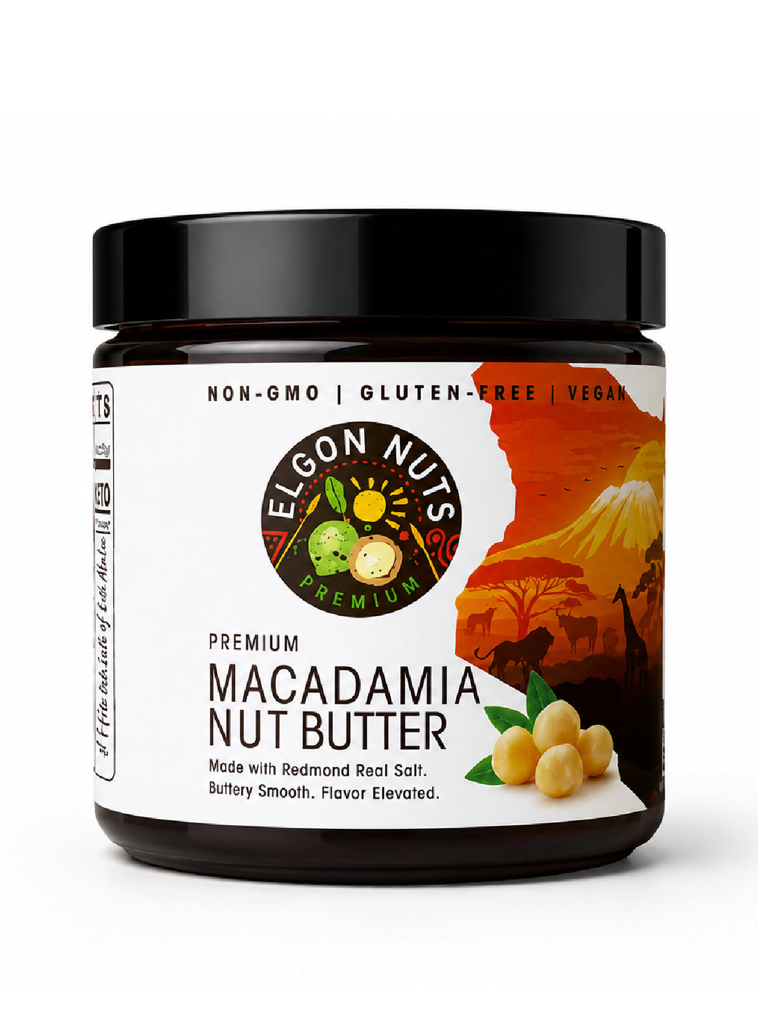 Elgon Nuts premium macadamia nut butter jar, front view showing product label and packaging