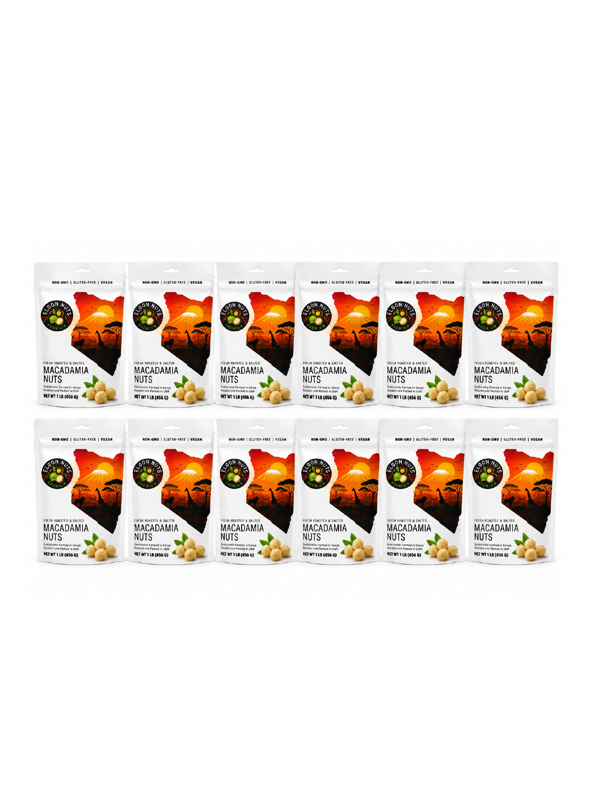Bulk 12-pack of Elgon Nuts 1 lb dry roasted and salted macadamia nuts arranged in two rows of resealable bags.