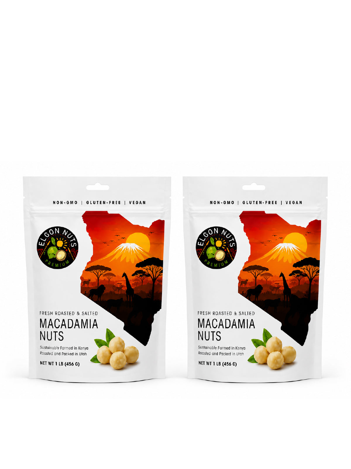 Two-pack of Elgon Nuts 1 lb dry roasted and salted macadamia nuts in resealable white pouches.