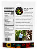 Back of Elgon Nuts 1 lb roasted and salted macadamia nuts bag featuring nutrition facts, ingredients, and Kenyan sourcing information.