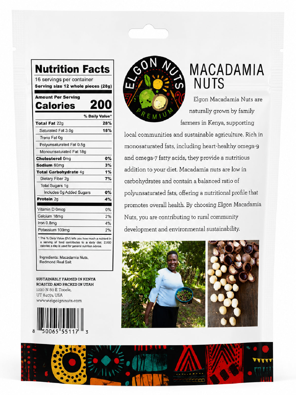 Back of Elgon Nuts 1 lb roasted and salted macadamia nuts bag featuring nutrition facts, ingredients, and Kenyan sourcing information.
