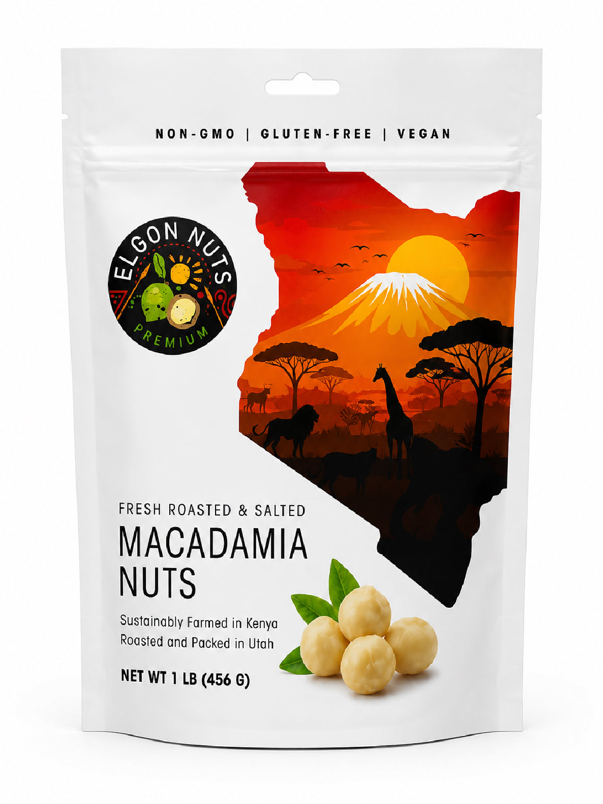 Elgon Nuts 1 lb bag of dry roasted and salted macadamia nuts, sustainably sourced from Kenya and roasted in Utah.