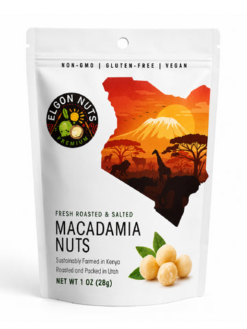 Elgon Nuts dry roasted and salted macadamia nuts in a 1 oz resealable pouch, sourced from Kenya and roasted in Utah.