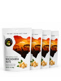 Four-pack of Elgon Nuts 1 oz dry roasted and salted macadamia nuts in individual resealable snack pouches.
