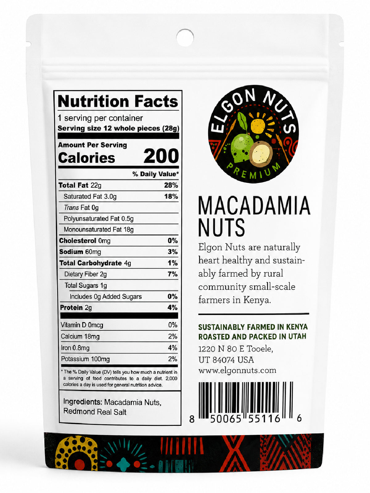 Back of Elgon Nuts 1 oz roasted and salted macadamia nuts packaging showing nutrition facts and ingredients.