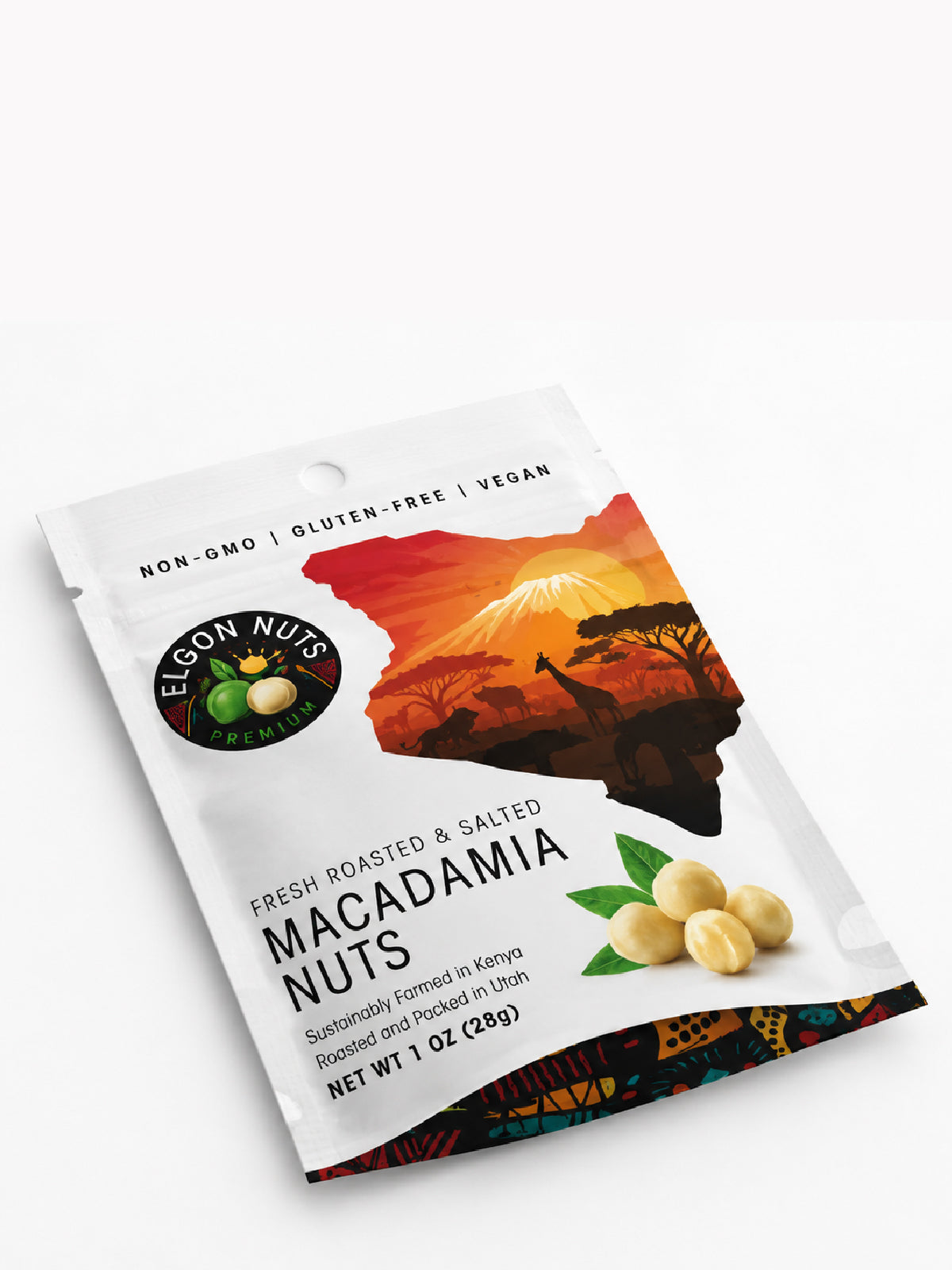 Elgon Nuts 1 oz roasted and salted macadamia nuts pouch lying flat, featuring the colorful Kenyan-inspired packaging design.