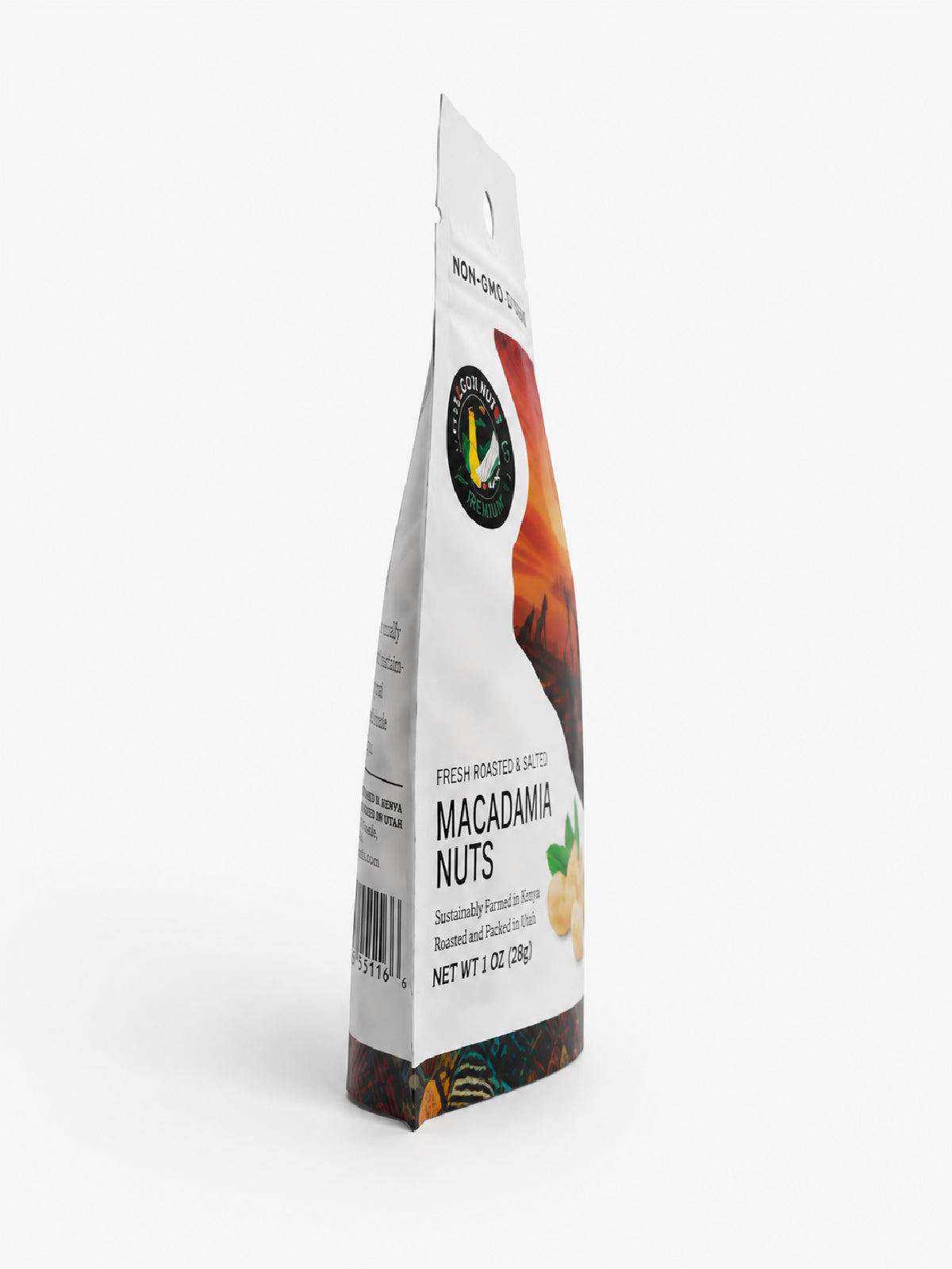Side view of Elgon Nuts 1 oz roasted and salted macadamia nuts pouch showing its slim, resealable packaging.