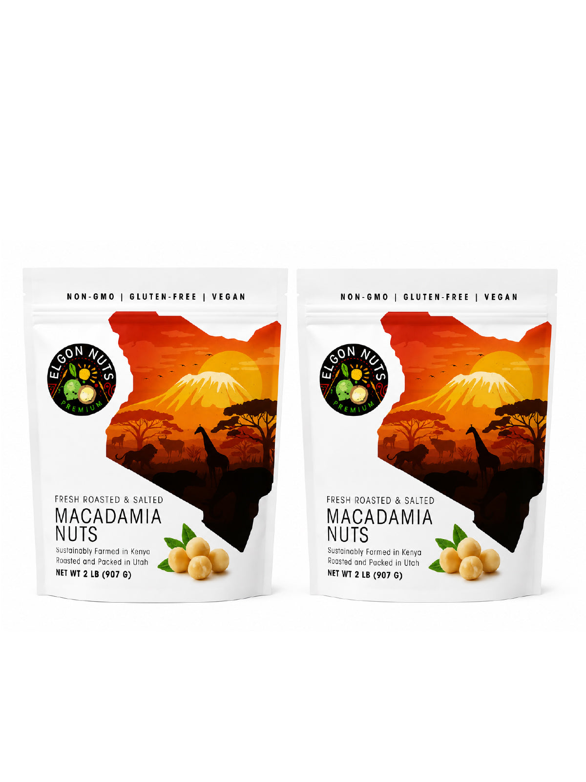 Two 2 lb bags of Elgon Nuts dry roasted and salted macadamia nuts sourced from Kenya.