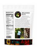 Back of an 2lb bag of Elgon Nuts roasted and salted macadamia nuts bag showing nutrition facts and ingredients.