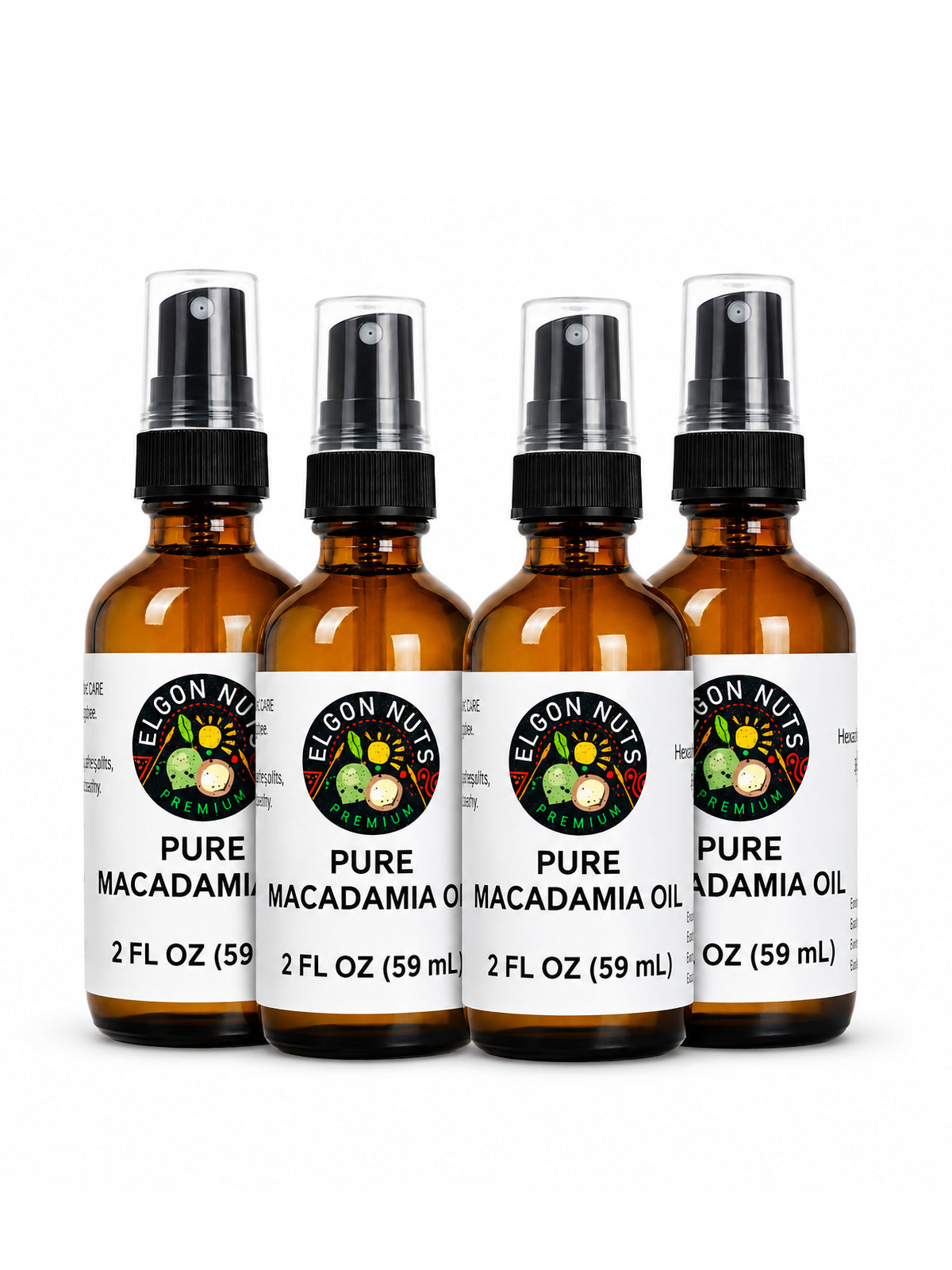 Four Elgon Nuts pure macadamia hair and skin oil 2 fl oz amber glass spray bottles displayed against a white background.