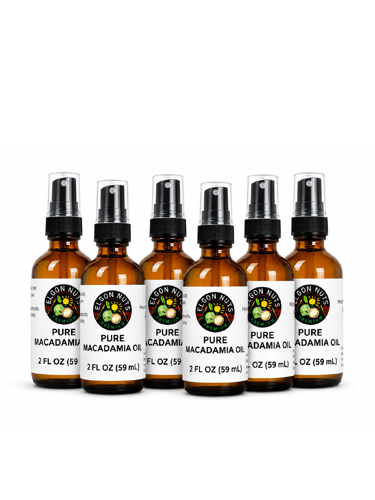 Six Elgon Nuts pure macadamia oil 2 fl oz spray bottles arranged in two rows against a white background.