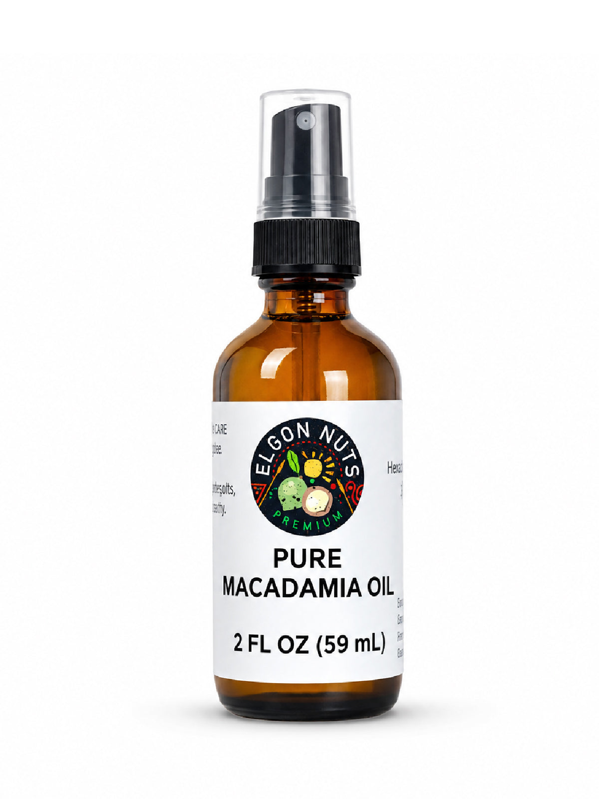 Elgon Nuts pure macadamia hair and skin oil in a 2 fl oz amber glass spray bottle with black pump and white label.