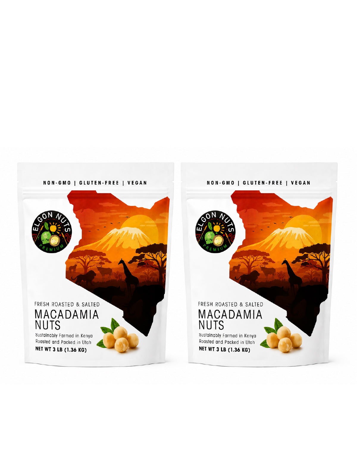 Two 3 lb bags of Elgon Nuts roasted and salted macadamia nuts, roasted and packaged in Utah.
