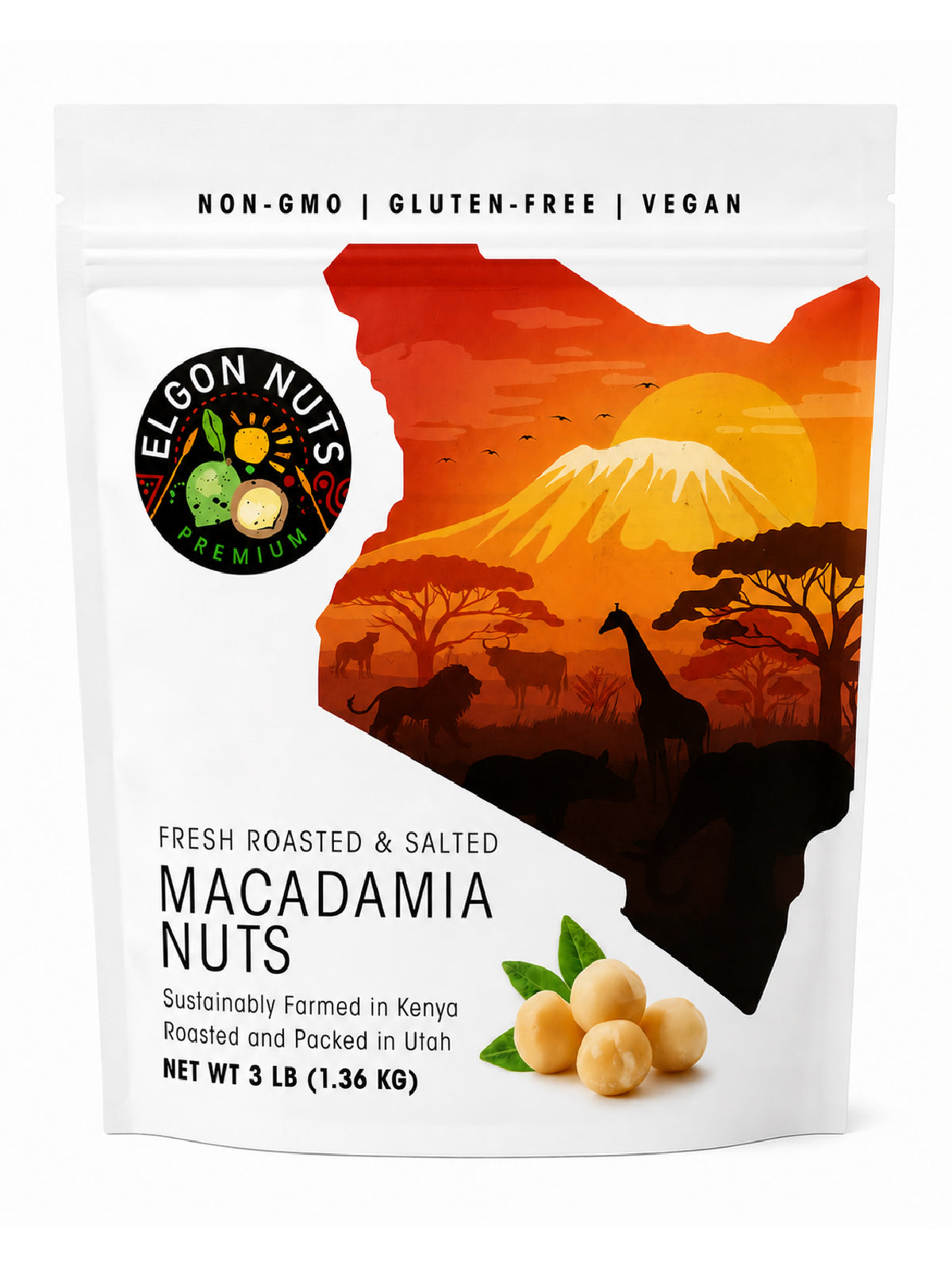 Front of a 3 lb bag of Elgon Nuts roasted and salted macadamia nuts sourced from Kenya and roasted in Utah.