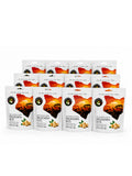 Twelve 4 oz bags of Elgon Nuts roasted and salted macadamia nuts arranged in three rows.