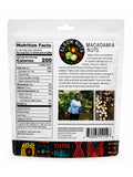 Back of a 4 oz Elgon Nuts roasted and salted macadamia nuts bag showing nutrition facts and ingredients.