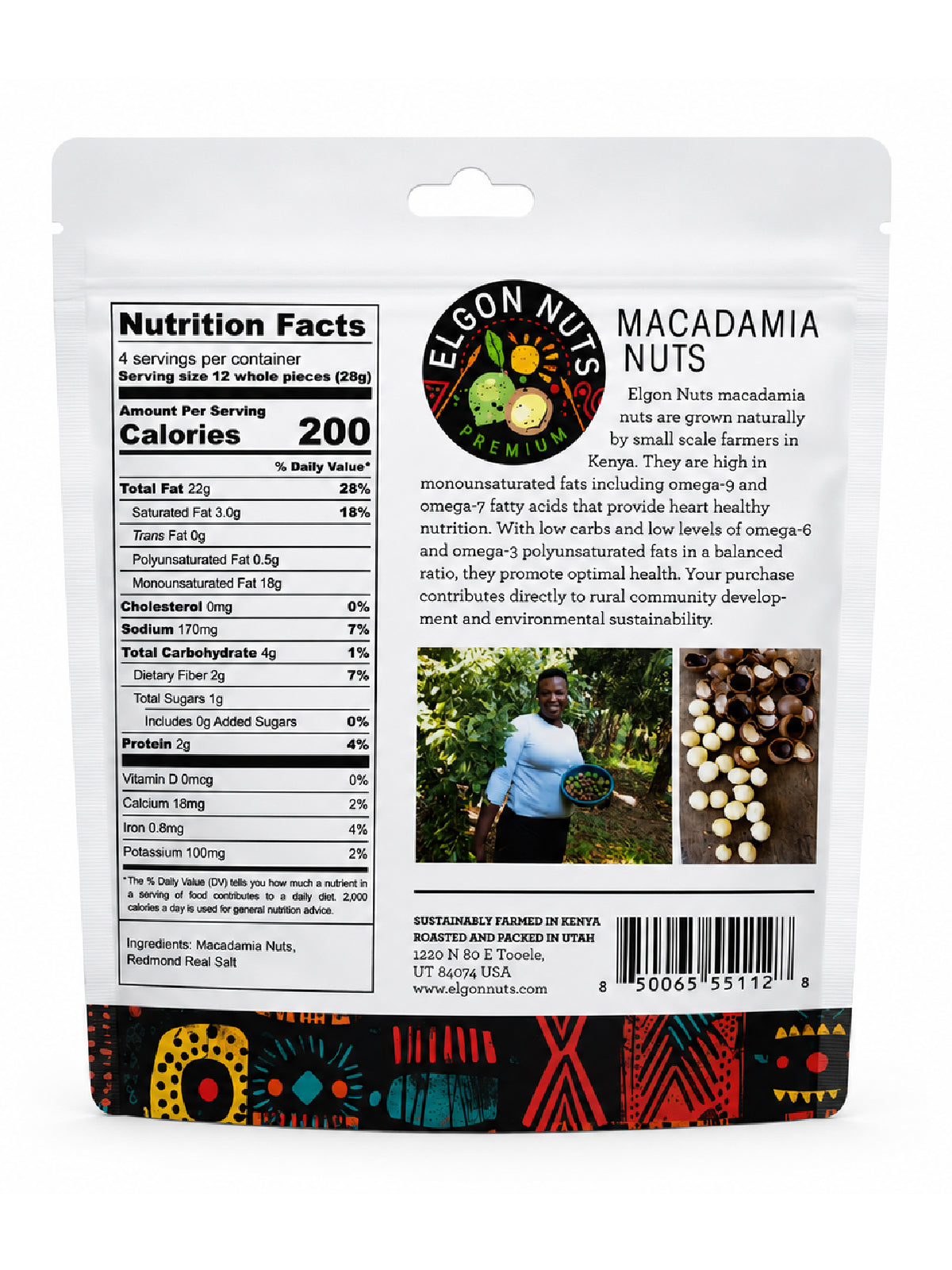 Back of a 4 oz Elgon Nuts roasted and salted macadamia nuts bag showing nutrition facts and ingredients.