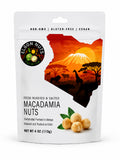 Front of a 4 oz bag of Elgon Nuts roasted and salted macadamia nuts featuring the signature orange packaging design.