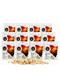 Twelve 8 oz bags of Elgon Nuts roasted and salted macadamia nuts displayed with loose macadamia nuts.