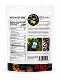 Back of an 8 oz Elgon Nuts roasted and salted macadamia nuts bag showing nutrition facts and ingredients.