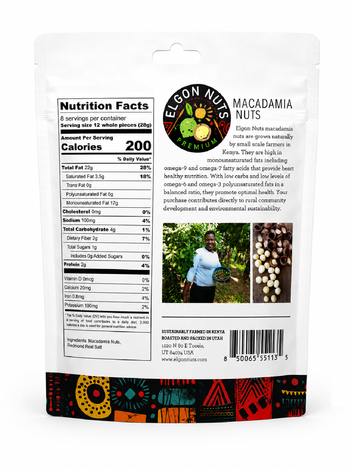 Back of an 8 oz Elgon Nuts roasted and salted macadamia nuts bag showing nutrition facts and ingredients.