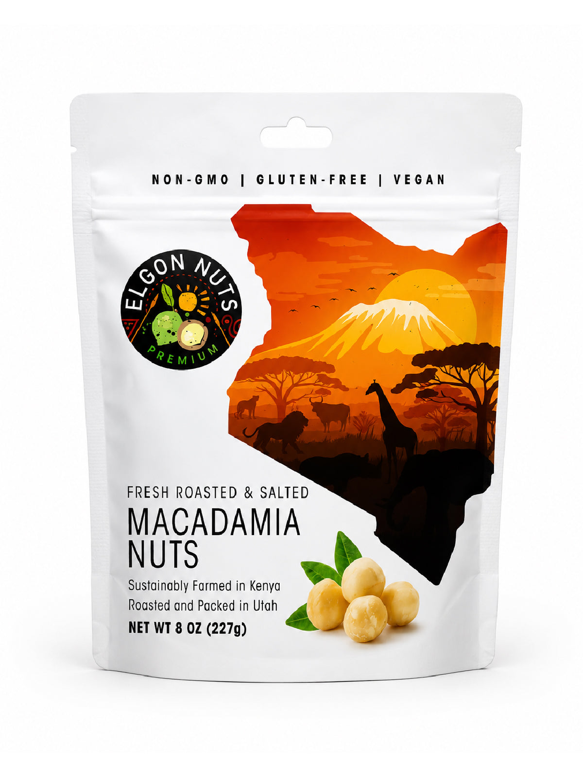 Front of an 8 oz bag of Elgon Nuts roasted and salted macadamia nuts featuring the Kenyan-inspired packaging.