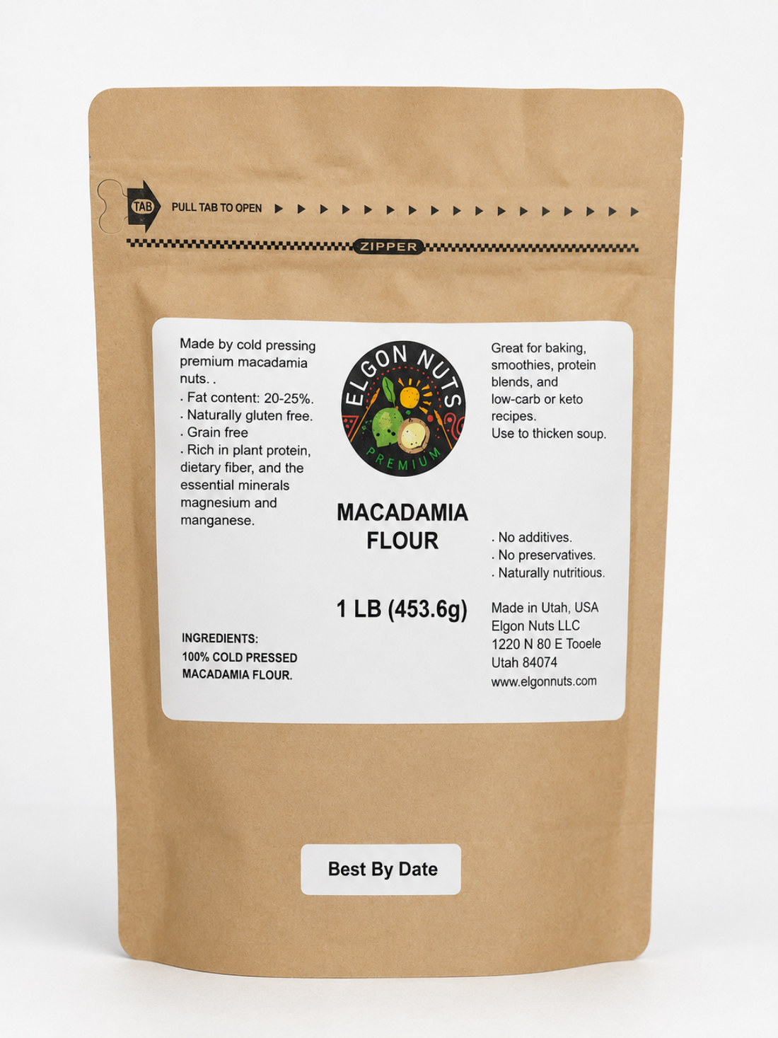 A 1 lb stand-up kraft paper pouch of Egon Nut's Macadamia Flour, featuring a white label with product details