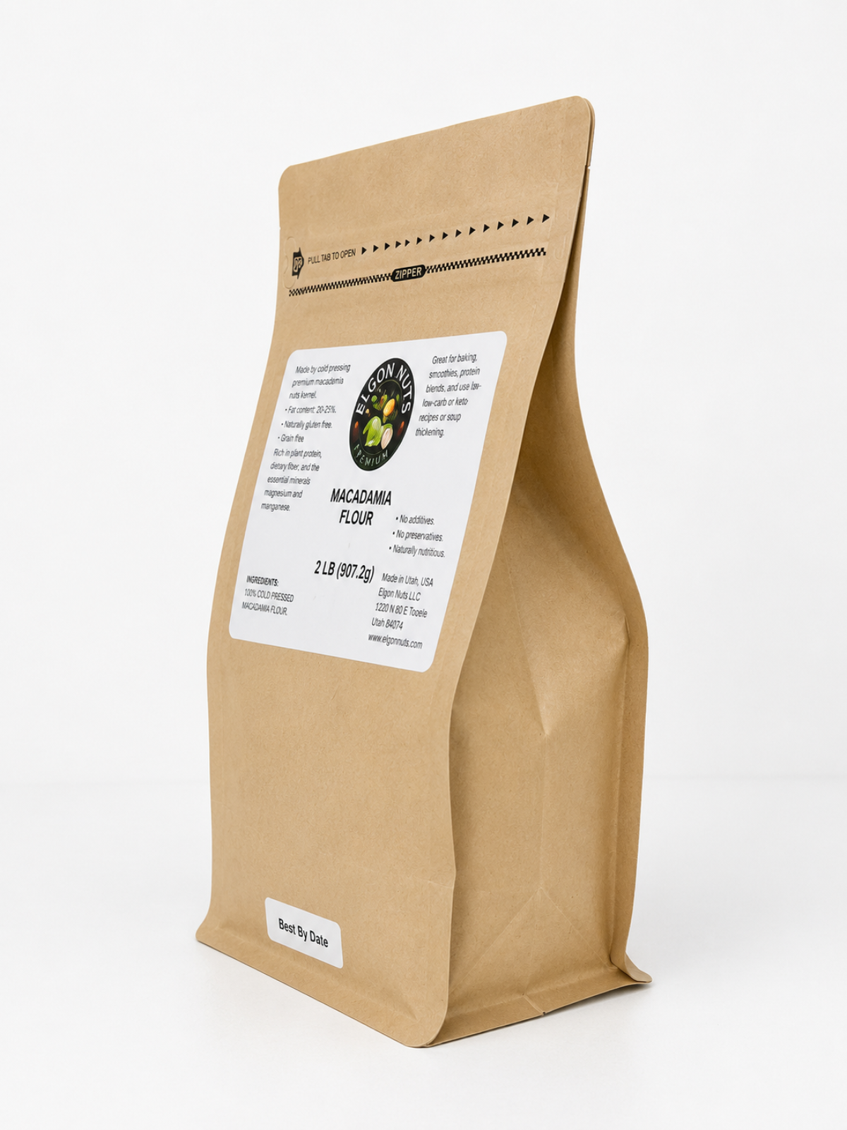 A kraft paper stand-up pouch of macadamia flour with a white label on the front, photographed on a clean white background