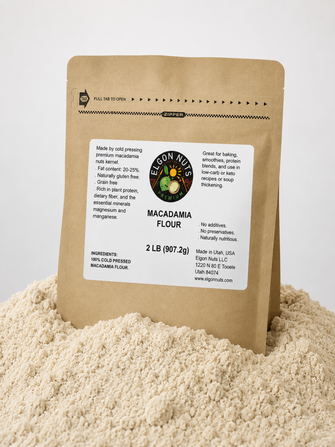 A 1 lb stand-up kraft paper pouch of Egon Nut's Macadamia Flour, featuring a white label with product details