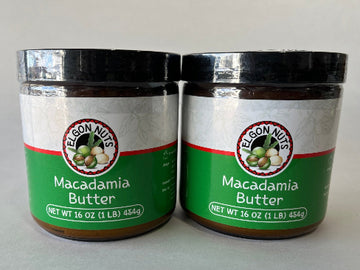 Two jars of Elgon Nuts Macadamia Butter, each jar is 16 oz in size, with green and white labeling.
