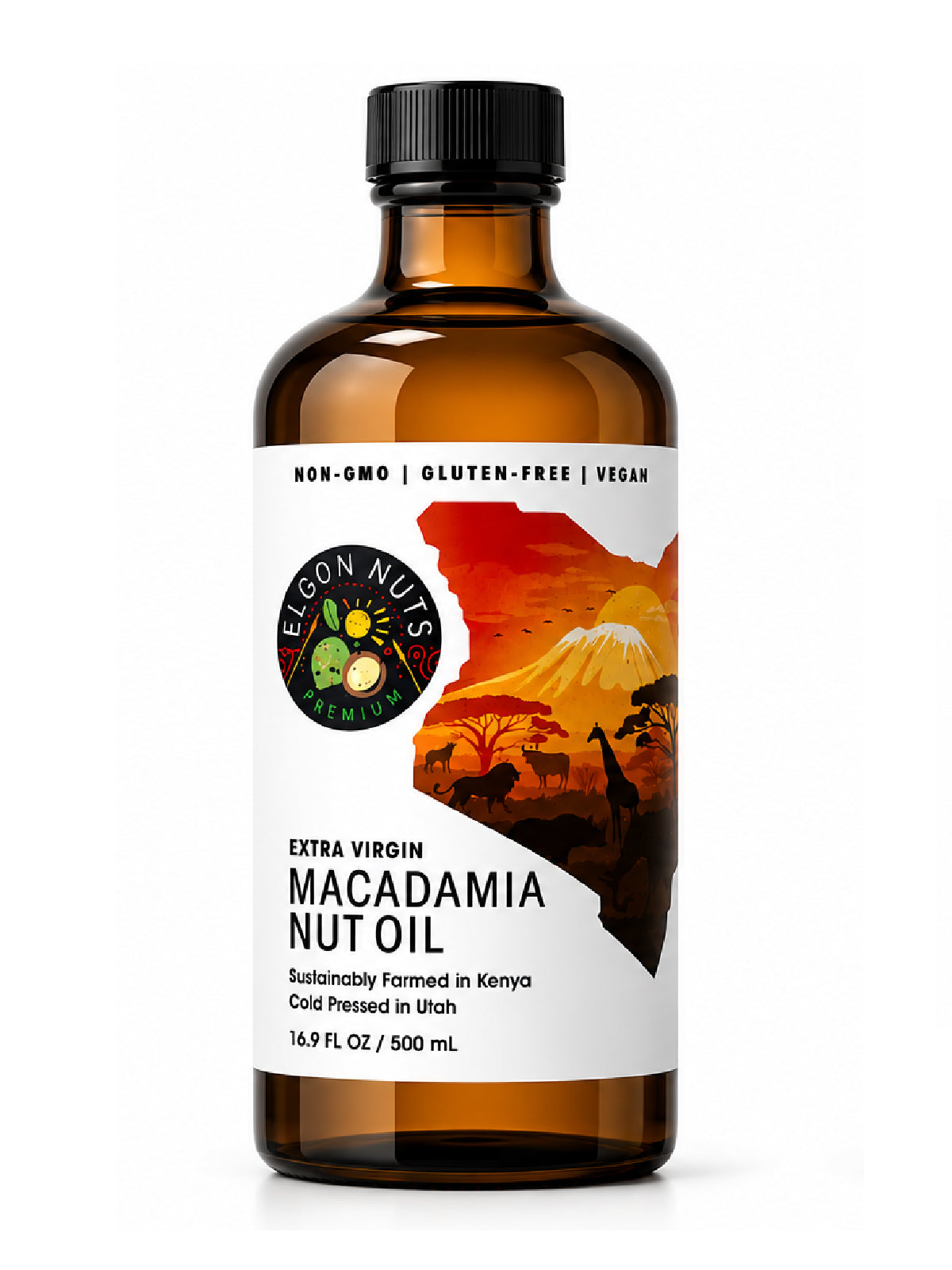 Front view of Elgon Nuts 16.9 fl oz extra virgin macadamia nut oil in an amber glass bottle with Kenyan-inspired packaging.