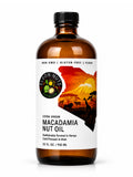 Front view of Elgon Nuts 32 fl oz extra virgin macadamia nut oil in an amber glass bottle, cold pressed in Utah.