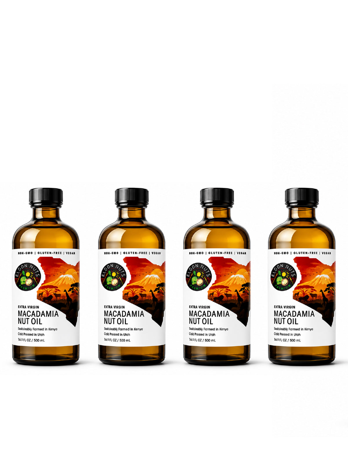 Four bottles of Elgon Nuts extra virgin macadamia nut oil, 16.9 fl oz each, displayed against a white background.