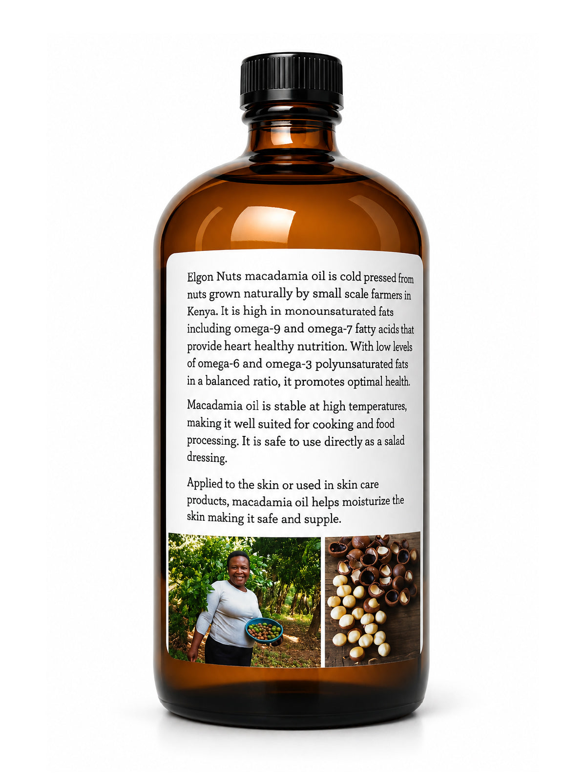 Back label of Elgon Nuts macadamia nut oil featuring product information, Kenyan sourcing details, and suggested uses.