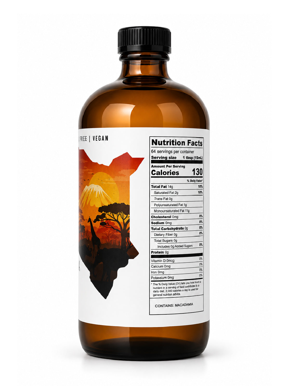 Nutrition facts label on Elgon Nuts macadamia nut oil showing 130 calories and 14 grams of fat per tablespoon.
