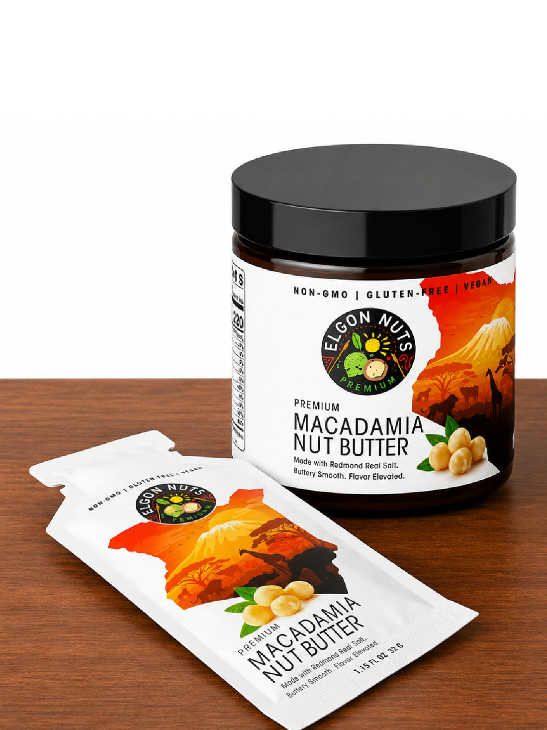 Elgon Nuts premium macadamia nut butter jar, front view showing product label and packaging
