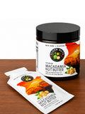 Elgon Nuts macadamia nut butter jar displayed with a single-serve macadamia butter packet