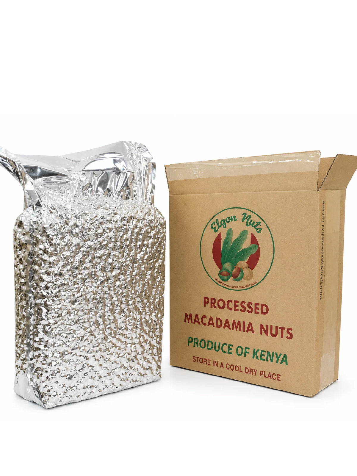 Brown cardboard bulk macadamia nut shipping box labeled Processed Macadamia Nuts, Produce of Kenya.