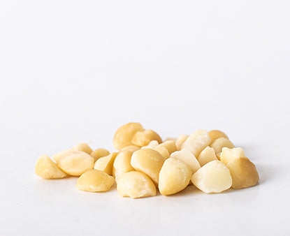 Style 5 raw macadamia nuts featuring small and medium broken nut pieces on a white background.