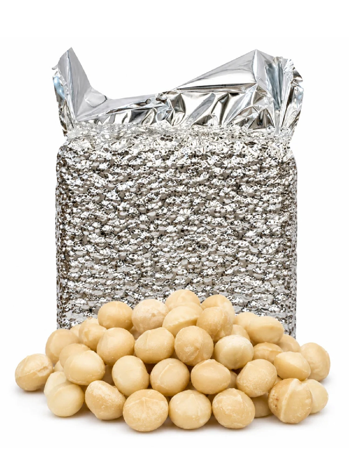Whole raw macadamia nuts displayed in front of a large silver insulated bulk packaging bag.