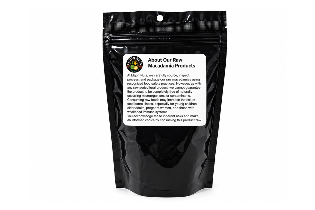 Front view of Elgon Nuts Raw Macadamia Nuts 8 oz package with product label